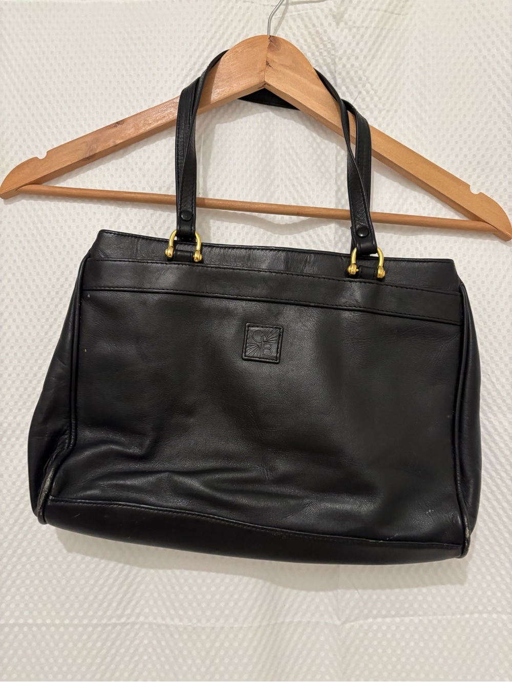 Giani Bernini Black Leather Shoulder Tote with Gold-Tone Accents